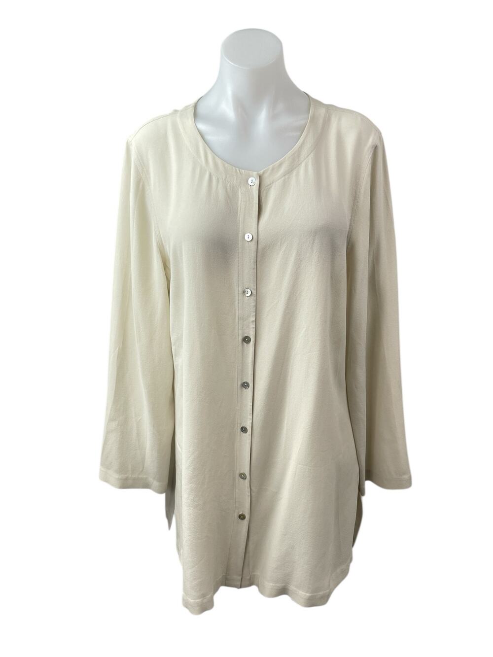 Eileen Fisher Women's Cream 100% Silk Long Sleeve Button Down Mini Shrt Dress L